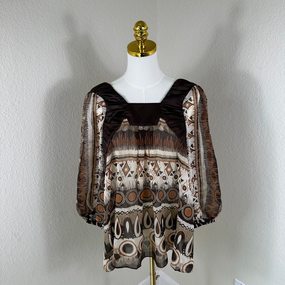 BCBGeneration Blouse Womens Large Brown Geometric Tribal Boho 70s Retro Festival